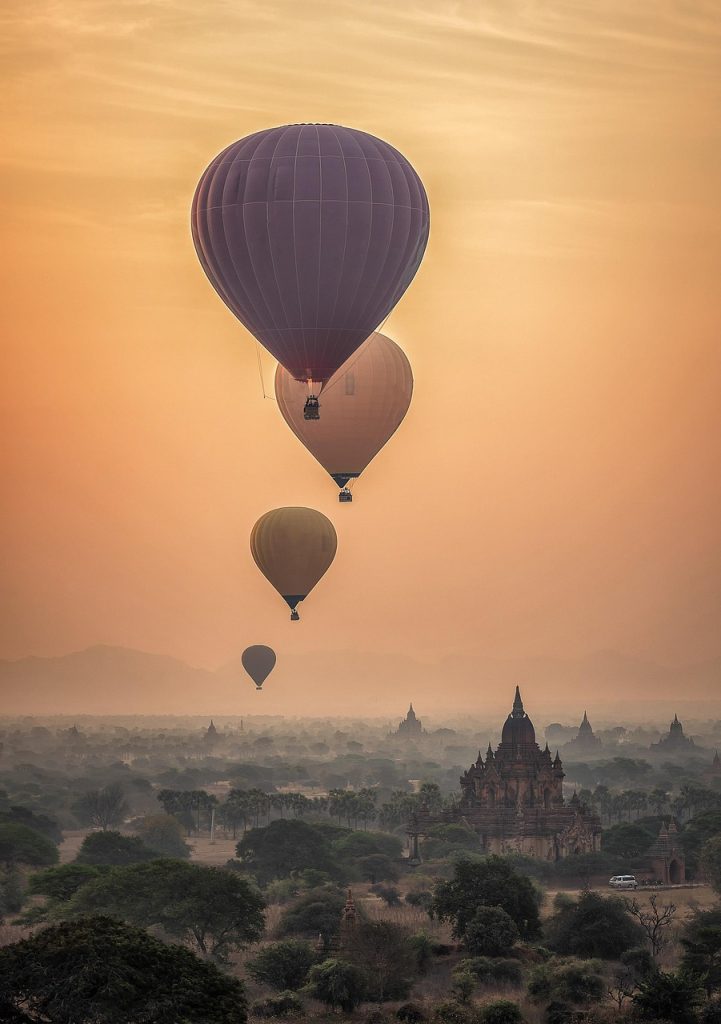 hot air balloons, bagan, nature, sunset, sunrise, fog, temples, burma, myanmar, kingdom, ancient, asia, panorama, scenery, scenic, iphone wallpaper, phone wallpaper